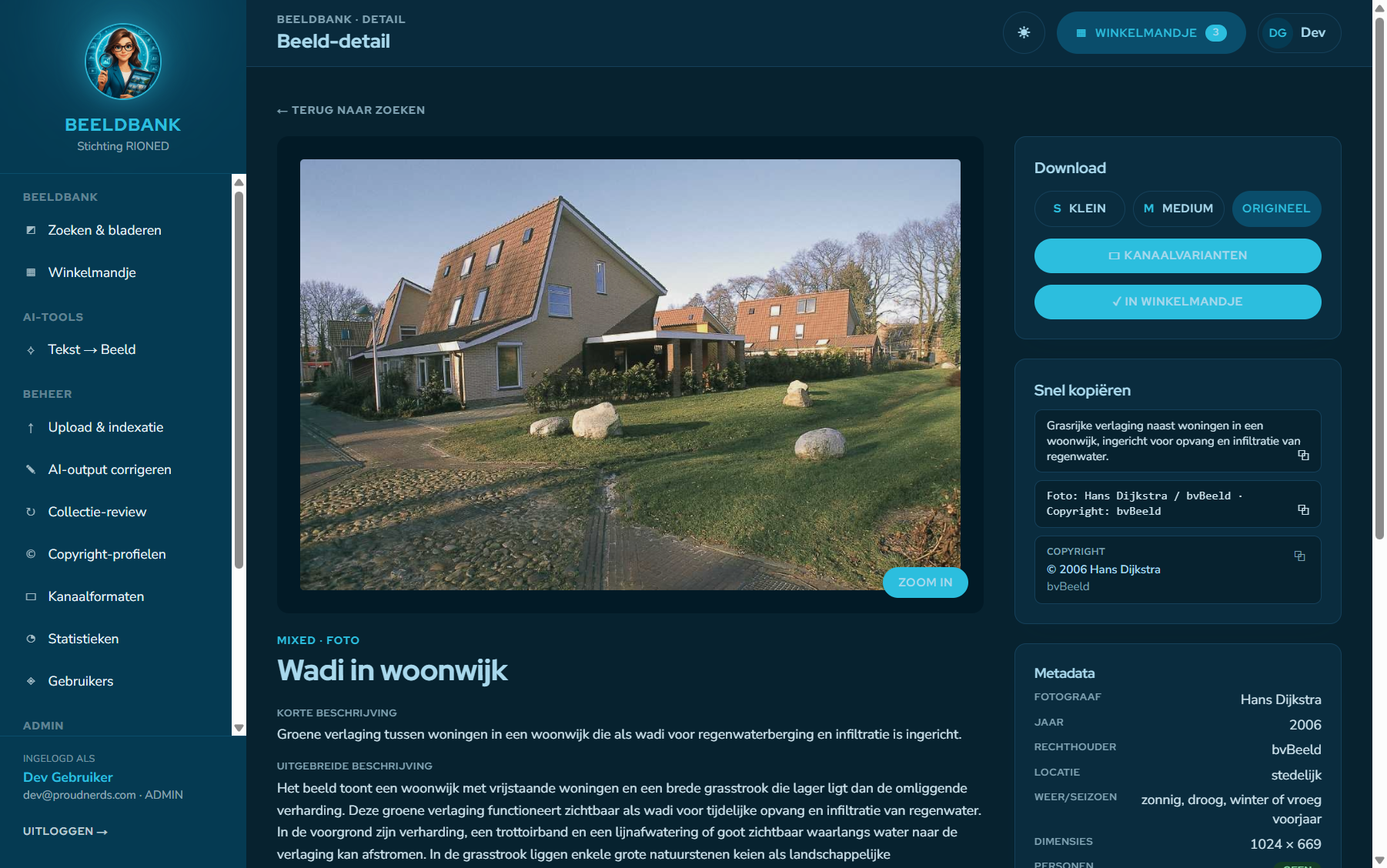 Beeld-detailpagina met AI-beschrijving, tags, metadata en credits