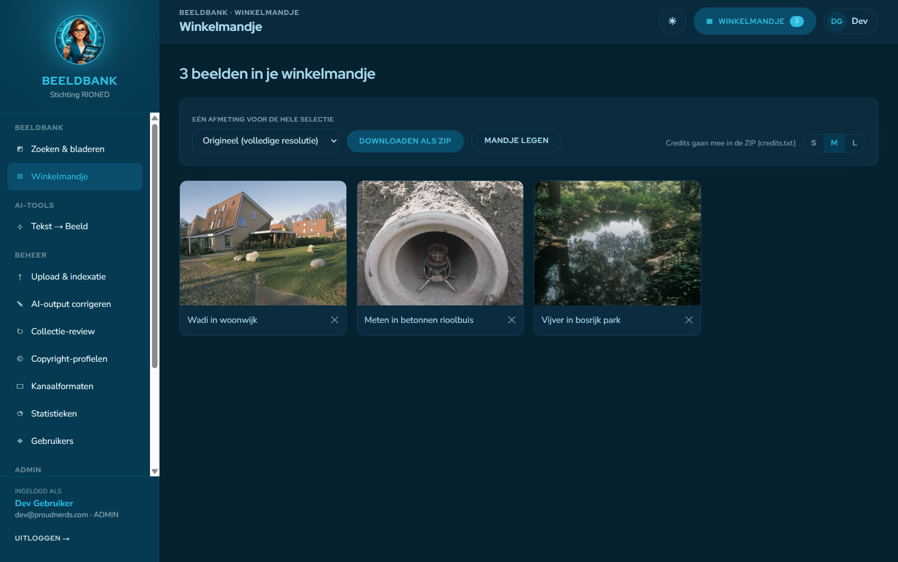 Winkelmandje met bulk-ZIP-download inclusief credits.txt