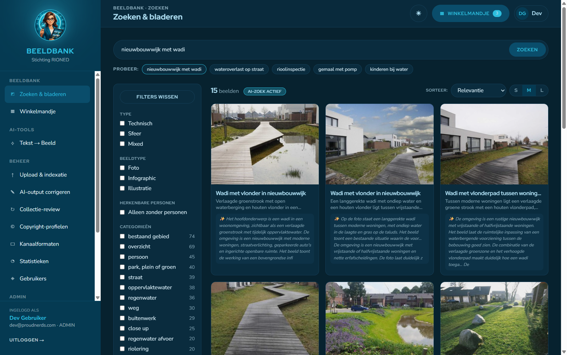 Vondst zoekresultaten: natuurlijke-taal zoekopdracht 'nieuwbouwwijk met wadi' met AI-motivering per beeld